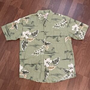 Paradise Blue Men's Large Silk Blend Green Palm Tree Hawaiian Button Up Shirt